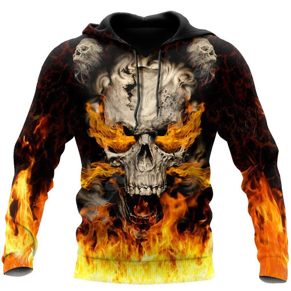 Rock style skull on fire hoodie, vibrant 3D printed sweatshirt, perfect for cool weather fashion.