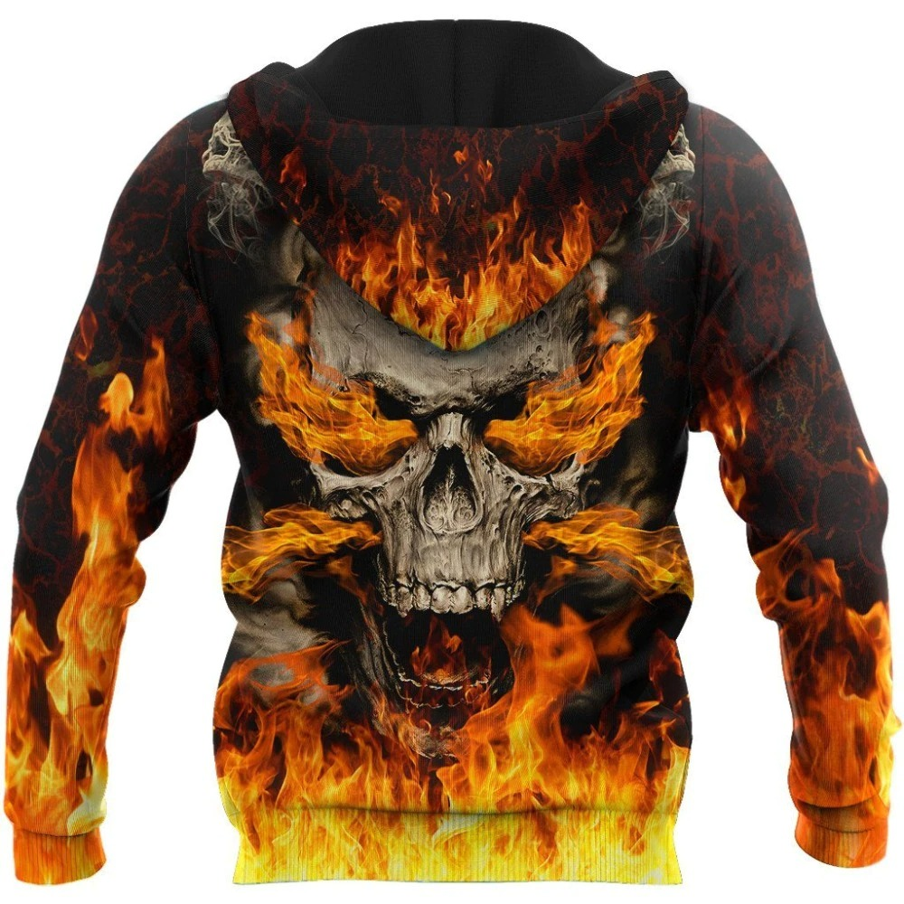 Skull on fire 3D printed hoodie for men, featuring vibrant flames and rocker style, perfect for cool weather and fashion lovers.