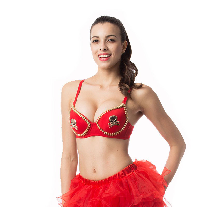 Rock style skull studded push-up bra in red, perfect for women’s show performance and goth looks.