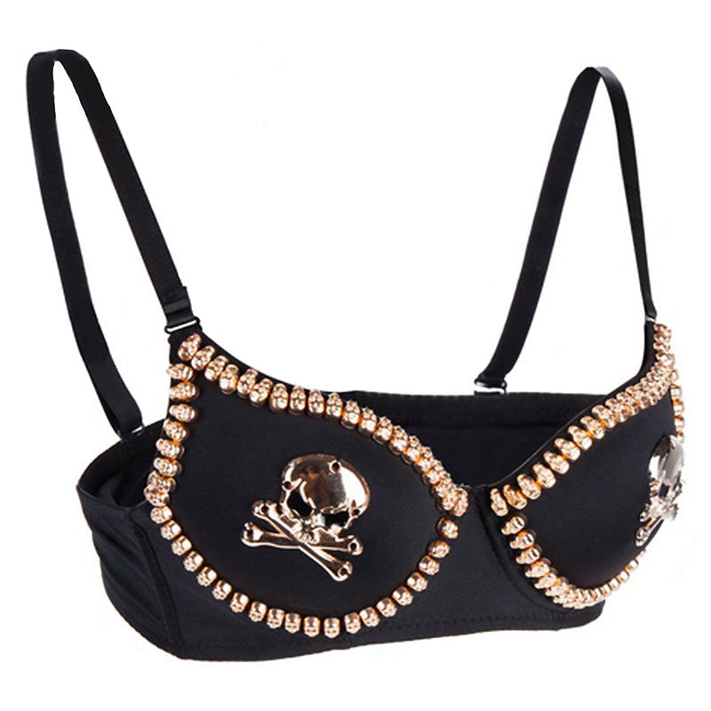 Rock style skull studded push-up bra for women, featuring iron skulls and glamorous embellishments.