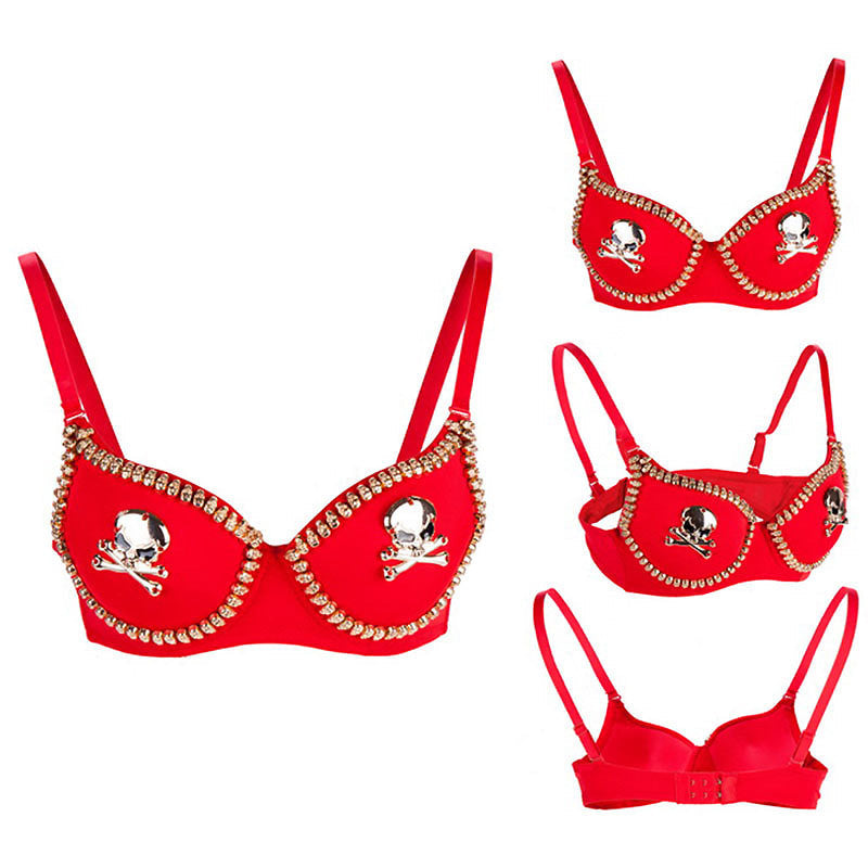 Rock style red skull studded push-up bra for women, perfect for goth and rock performances.