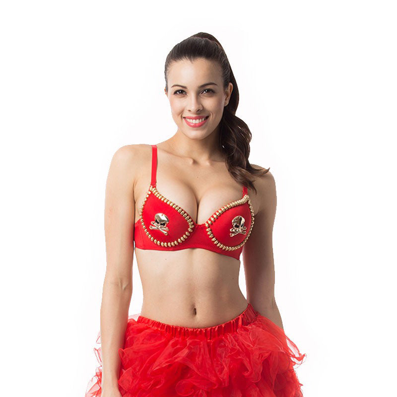 Red skull studded push-up bra for women, perfect for rock or goth style outfits.