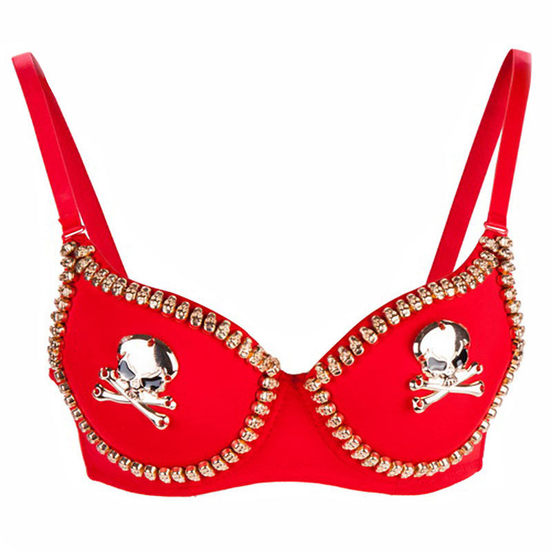 Rock style push-up bra with skull studs in red, perfect for goth and punk looks.