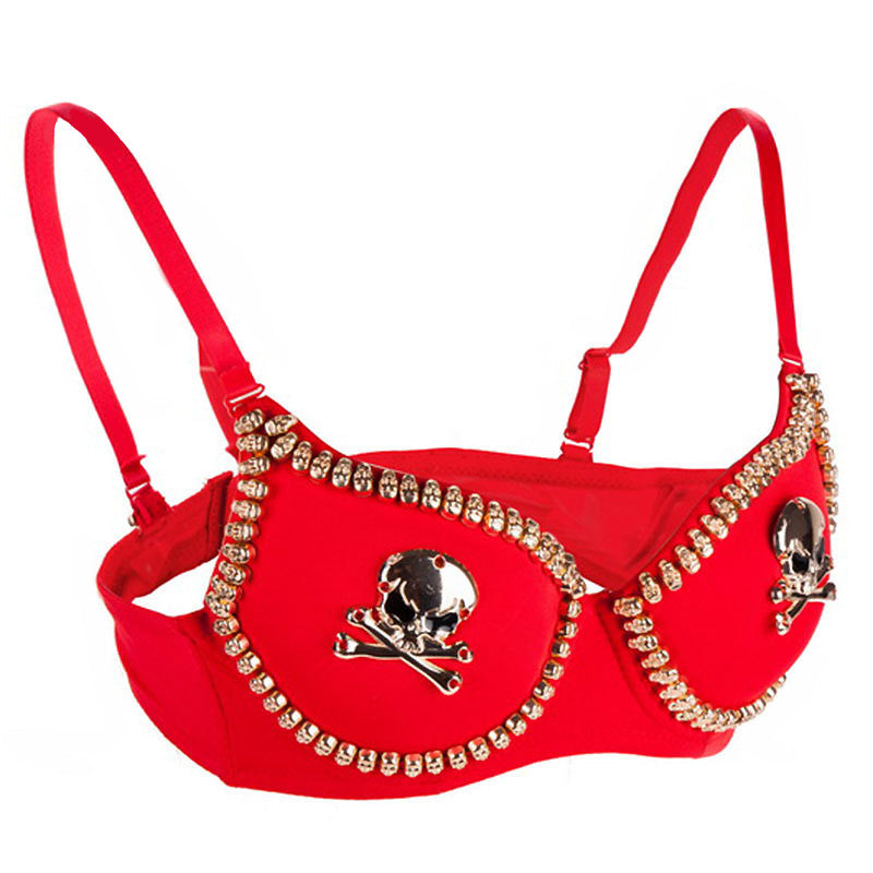 Rock style sexy red push-up bra with skull studs, perfect for goth or rock-inspired outfits.