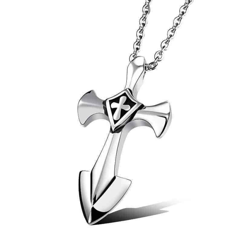 Rock style stainless steel cross pendant on a 50cm link chain, perfect for unisex looks and alternative jewelry lovers.