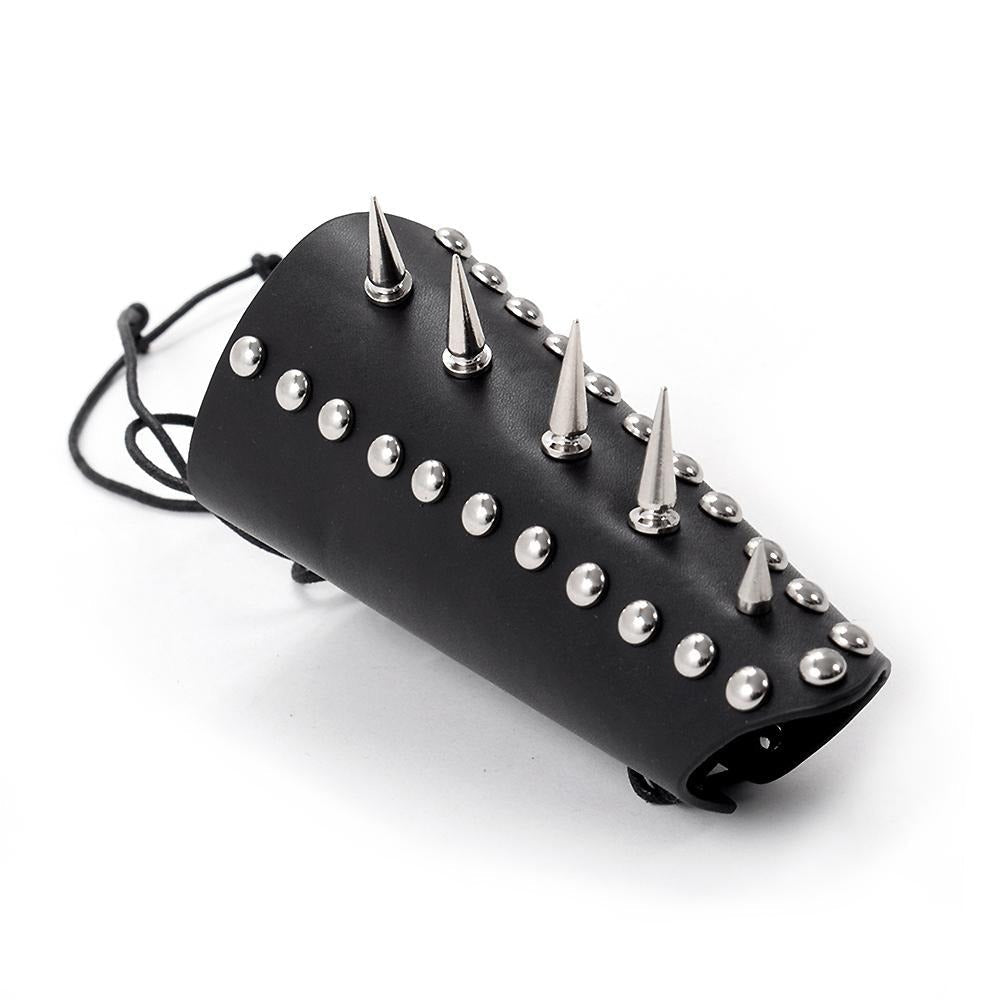Rock style genuine leather wrist strap with stainless steel rivets and spikes, perfect for festivals and parties.