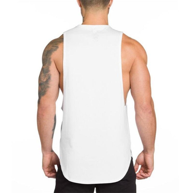 Men's sleeveless white tank top showcasing gothic style, perfect for fitness and alternative fashion.