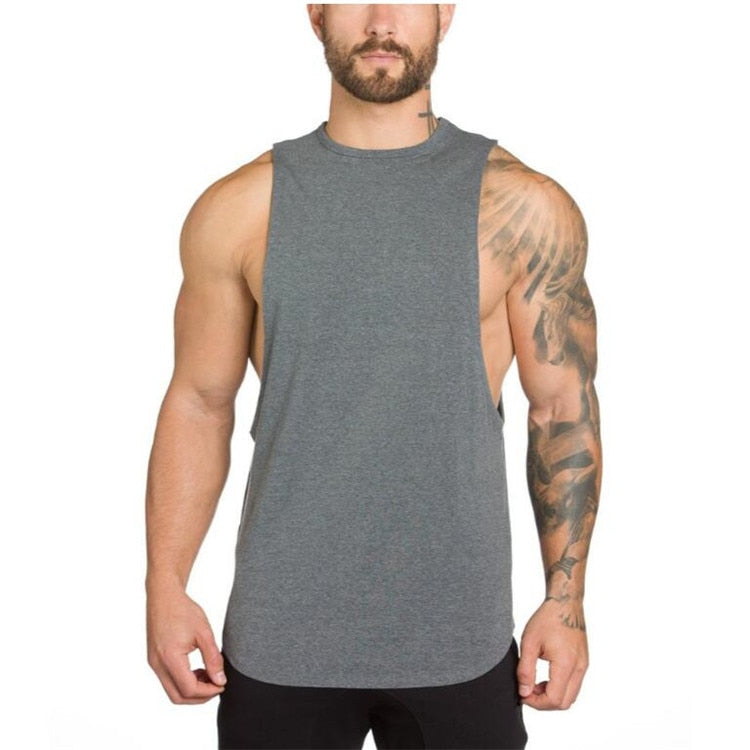 Men's sleeveless rock style tank top in gray cotton, perfect for gym workouts and alternative fashion.
