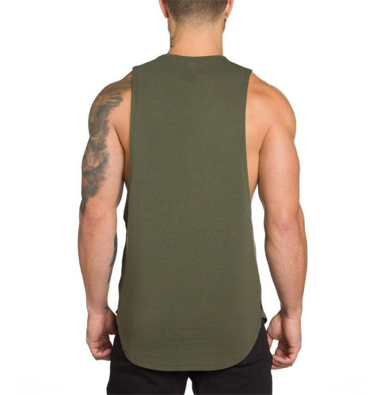 Men's sleeveless rock style tank top, back view, showcasing breathable cotton for fitness and alternative fashion.