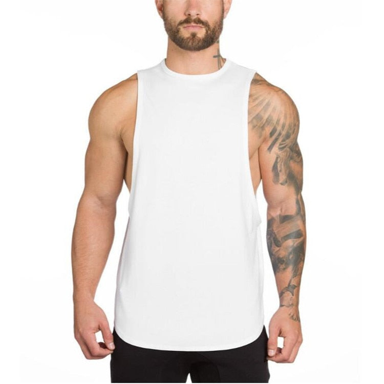 Men's sleeveless white tank top perfect for gym workouts, showcasing a stylish and comfy rock style fashion.