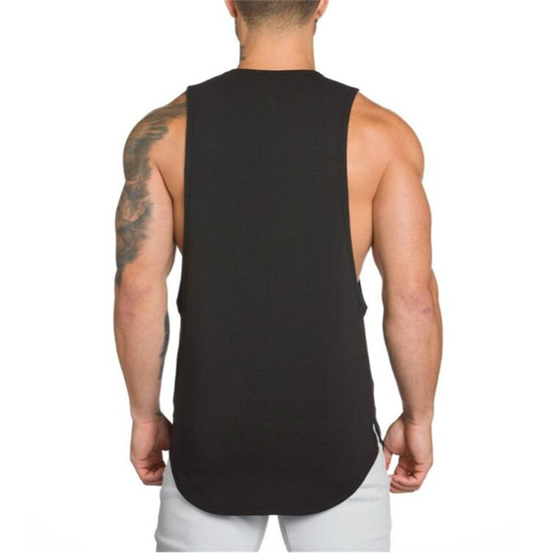 Back view of a men's black sleeveless gym tank top showcasing a stylish and comfortable design for rock fashion lovers.