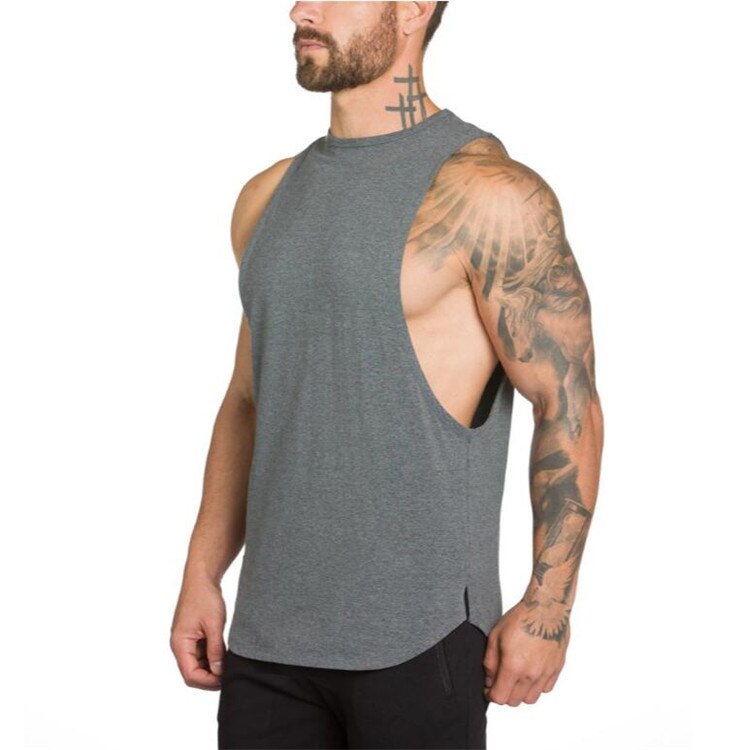 Men's grey sleeveless tank top with unique arm cutouts, showcasing a stylish rock-inspired look for fitness.