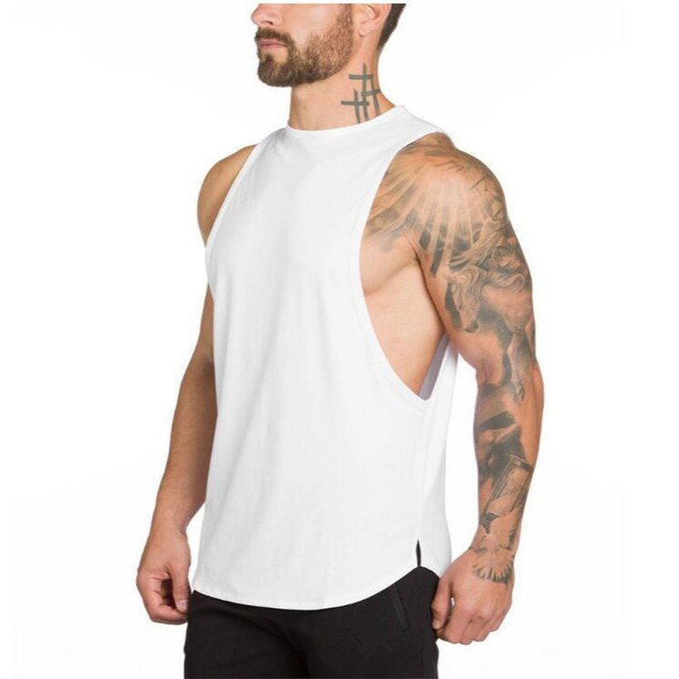 Men's rock style sleeveless tank top, showcasing a white design and stylish side cut, perfect for gym wear and alternative fashion.