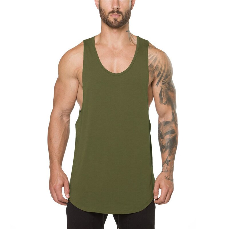 Men's sleeveless rock-style tank top in olive green, perfect for fitness and alternative fashion.