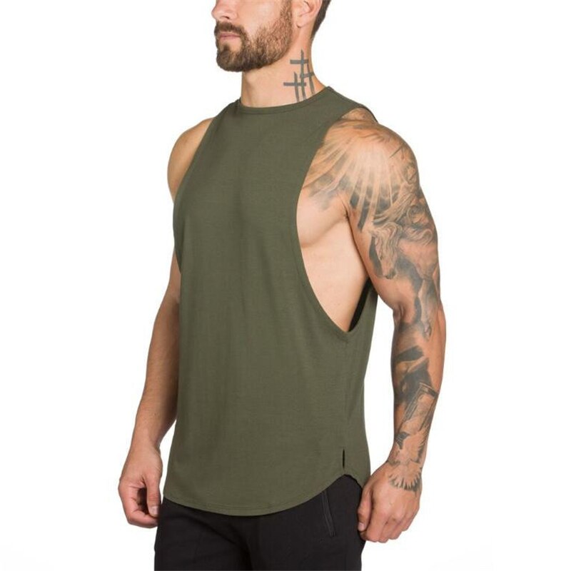 Men's rock style sleeveless tank top in olive green, perfect for fitness and alternative fashion.
