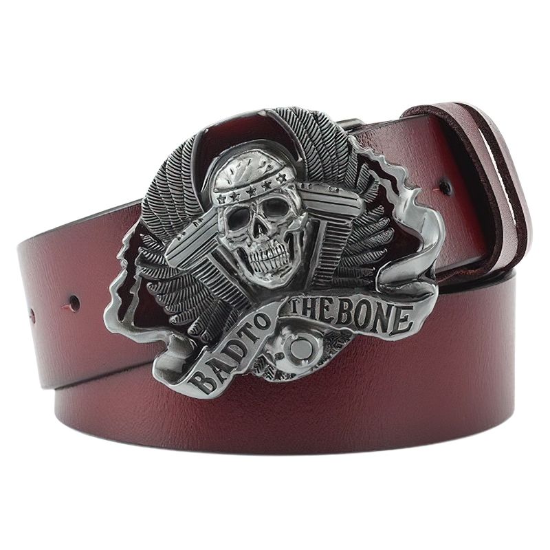 Rock style unisex genuine leather belt with skull and 'Bad to the Bone' buckle, a perfect edgy accessory.