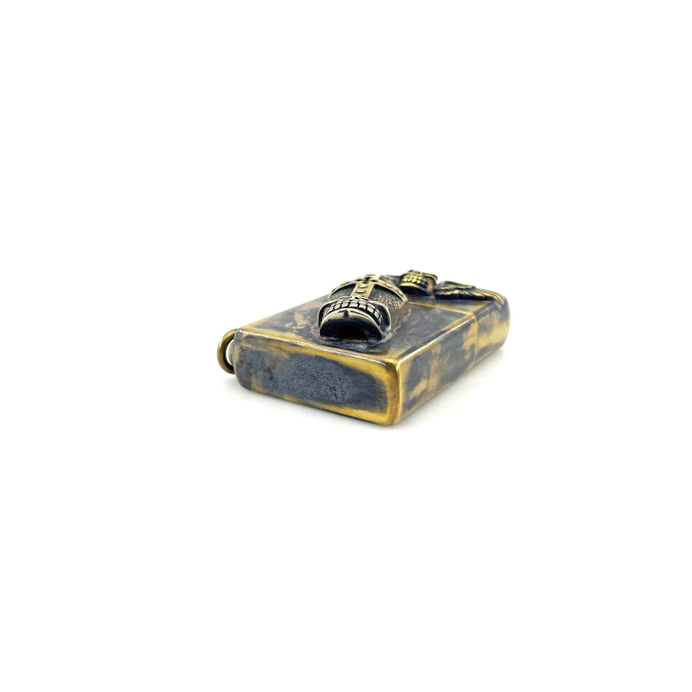 Rock style unisex lighter case with cross and wings design, vintage skull box, stylish accessory.
