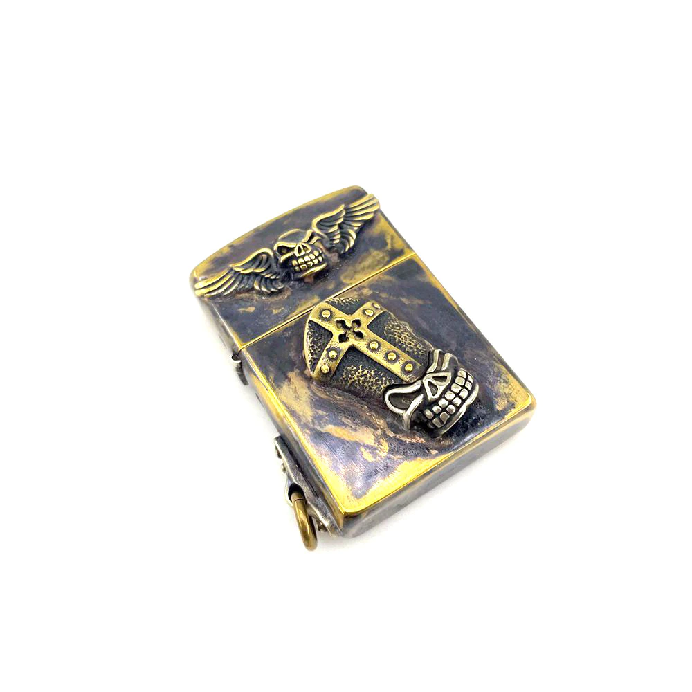 Rock style unisex lighter case with cross and wings, vintage skull design, perfect accessory for edgy fashion.