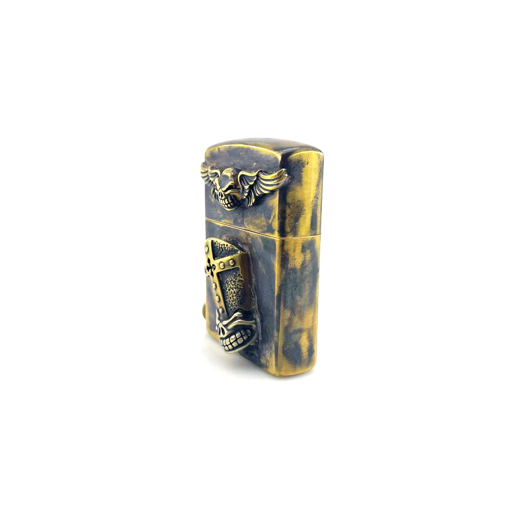 Rock style unisex lighter case featuring cross and wings design in vintage skull finish.