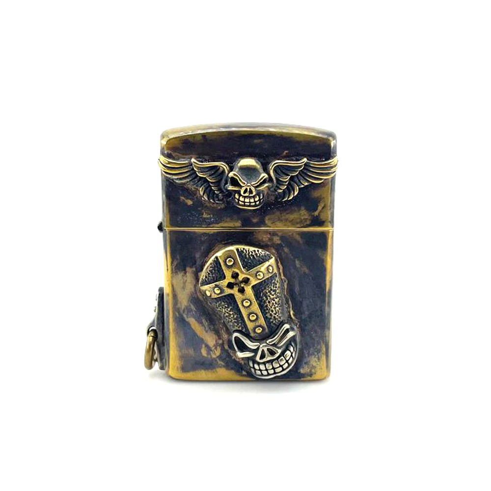 Rock style unisex lighter case featuring cross and wings design, vintage skull accent.
