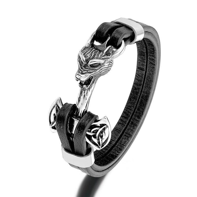 Unisex black leather bracelet with stylish wolf head pendant, vintage stainless steel accents.