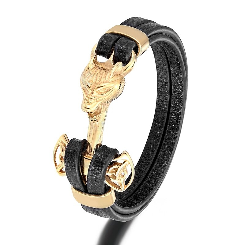 Unisex vintage wolf head bracelet in black genuine leather with stainless steel details, stylish accessory for any outfit.