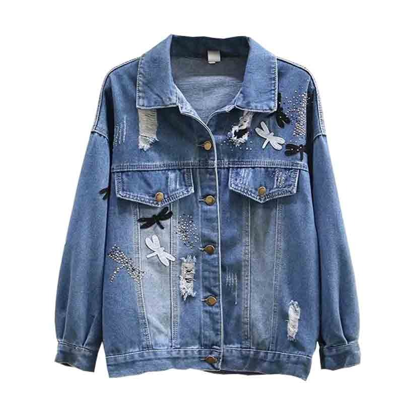 Rock Style Women Denim Jeans Jacket / Loose Long Sleeve Jackets with Dragonfly Patches - HARD'N'HEAVY