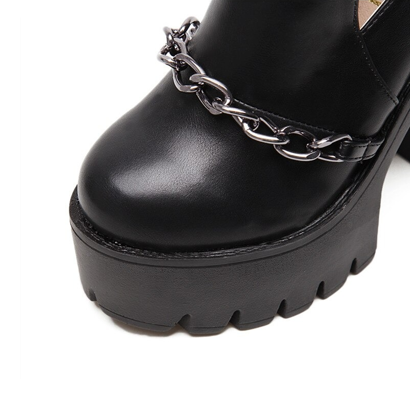 Rock Style Women High Heel Boots With Chain / Round Toe Thick Platform Buckle Shoes - HARD'N'HEAVY