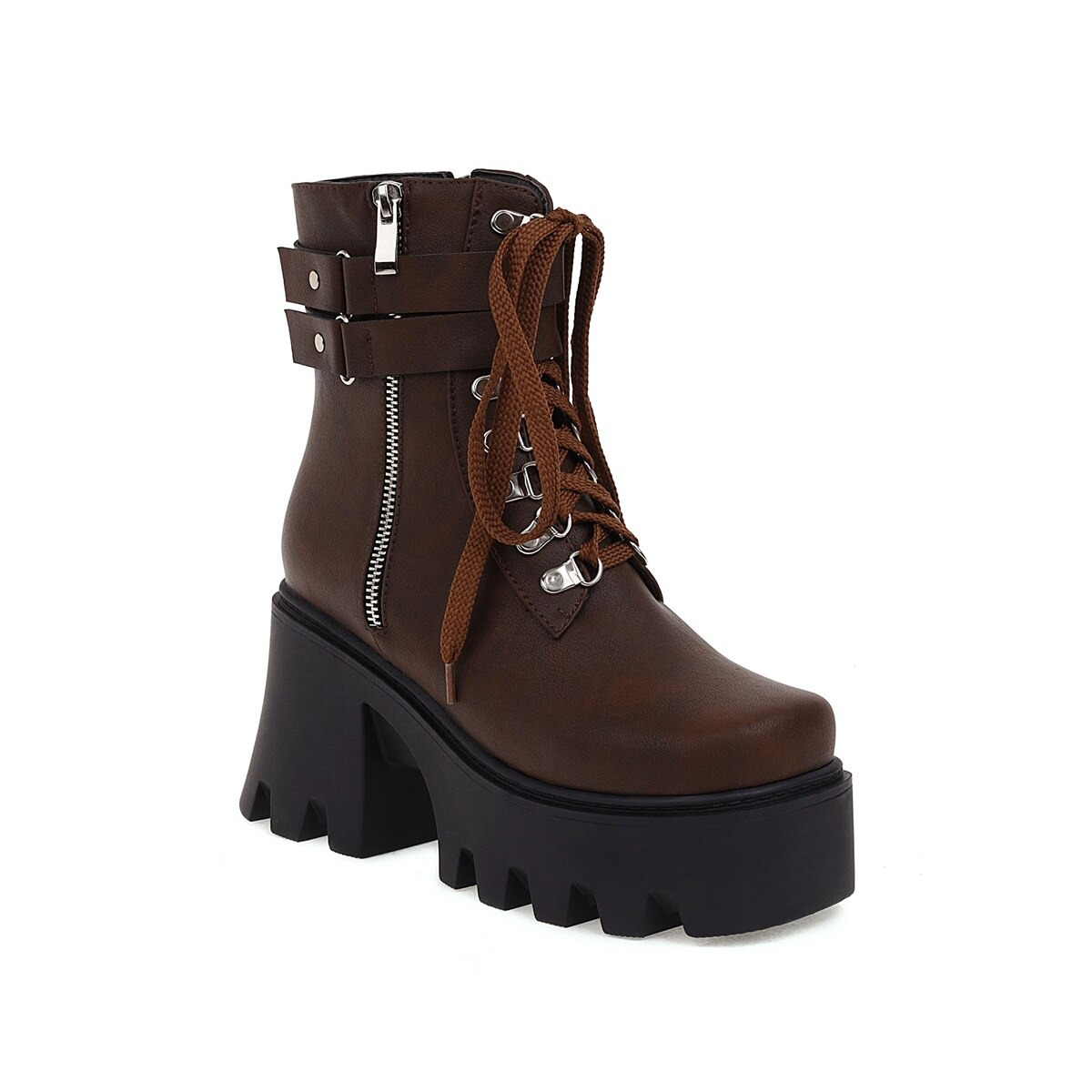 Brown lacing platform motorcycle boot with a high square heel and stylish zipper details.