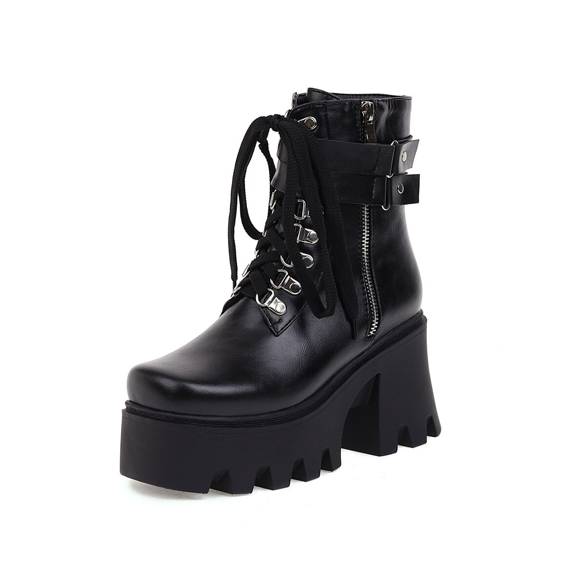 Black lacing platform motorcycle boots with buckles and zip, perfect for rocker outfits and stylish looks.