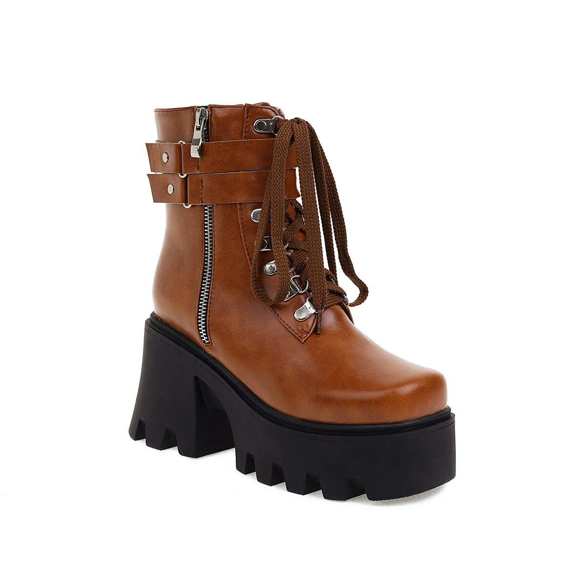 Brown leather lacing platform boots for women with high square heel and stylish buckles.