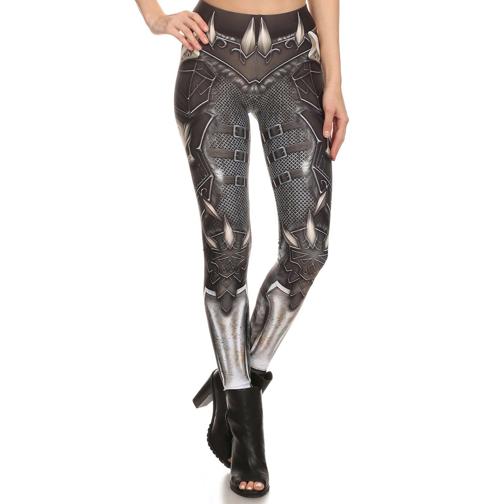 Stylish women's skull printed leggings with steel armor design, perfect for rock and goth fashion enthusiasts.