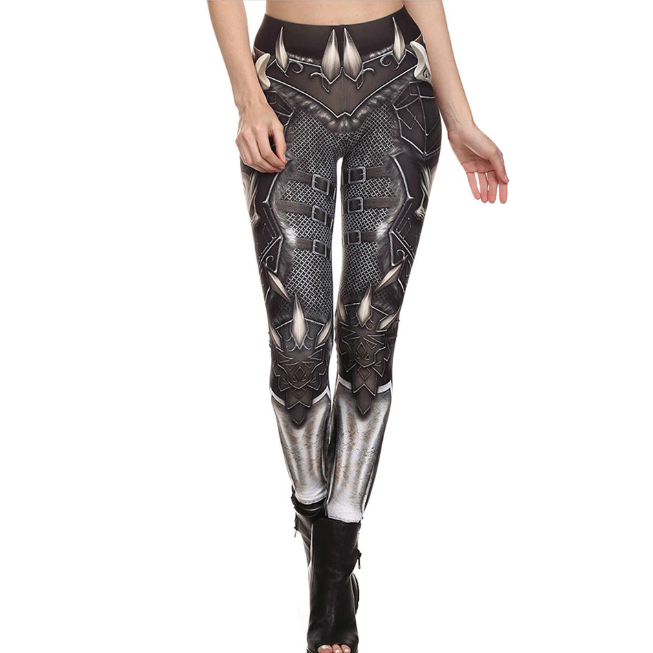 Rock style women's leggings featuring a unique steel armor pattern, perfect for workouts and edgy outfits.