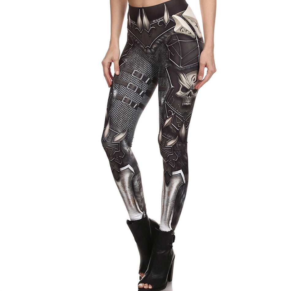 Rock style women's leggings with skull and steel armor print, perfect for workouts or edgy outfits.
