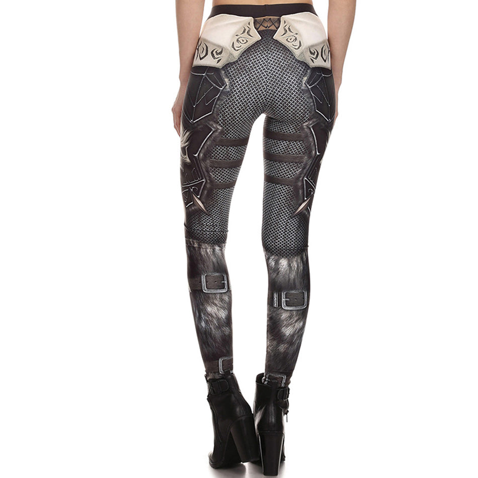 Rock style women's leggings with steel armor pattern, perfect for workouts and adding edgy flair to outfits.