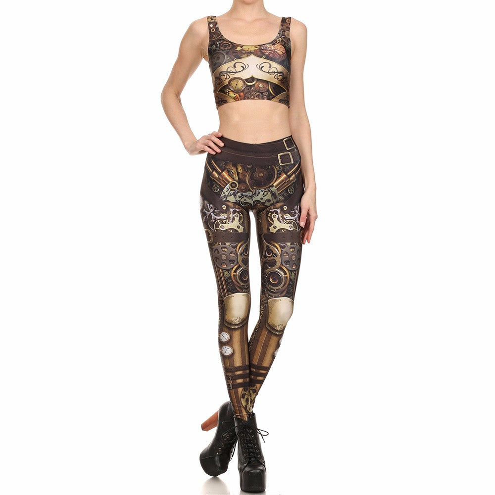 Rock style women's leggings featuring a unique steel armor print, perfect for workouts and edgy outfits.