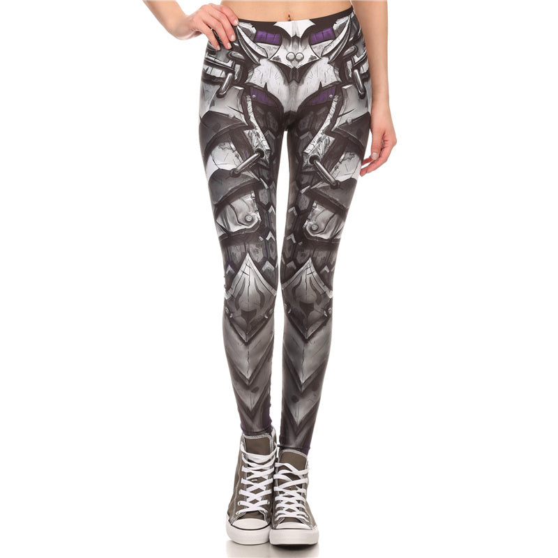 Rock style women's leggings with steel armor print, perfect for workouts or a gothic chic look.