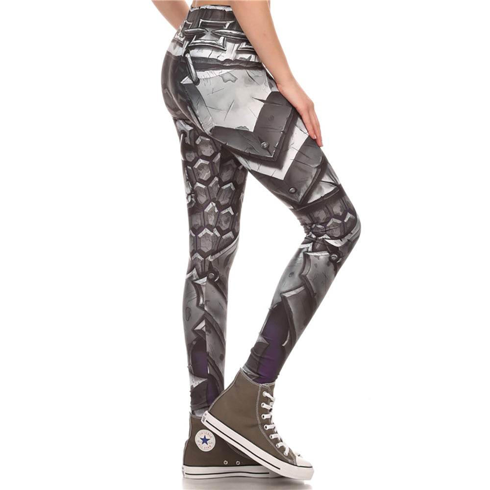 Rock style women's leggings with steel armor pattern, perfect for workouts and edgy fashion.