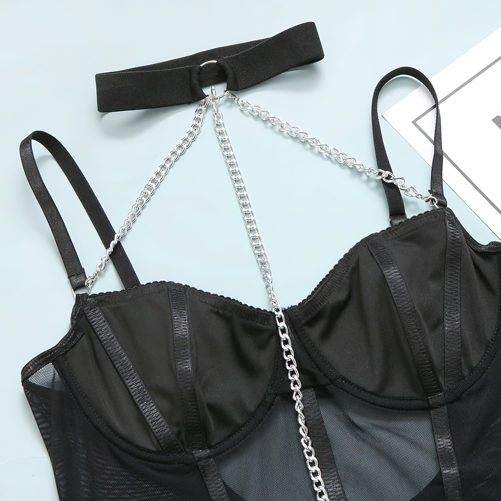 Stylish black women's bodysuit featuring a deep neckline and chain embellishment for a rock-inspired look.