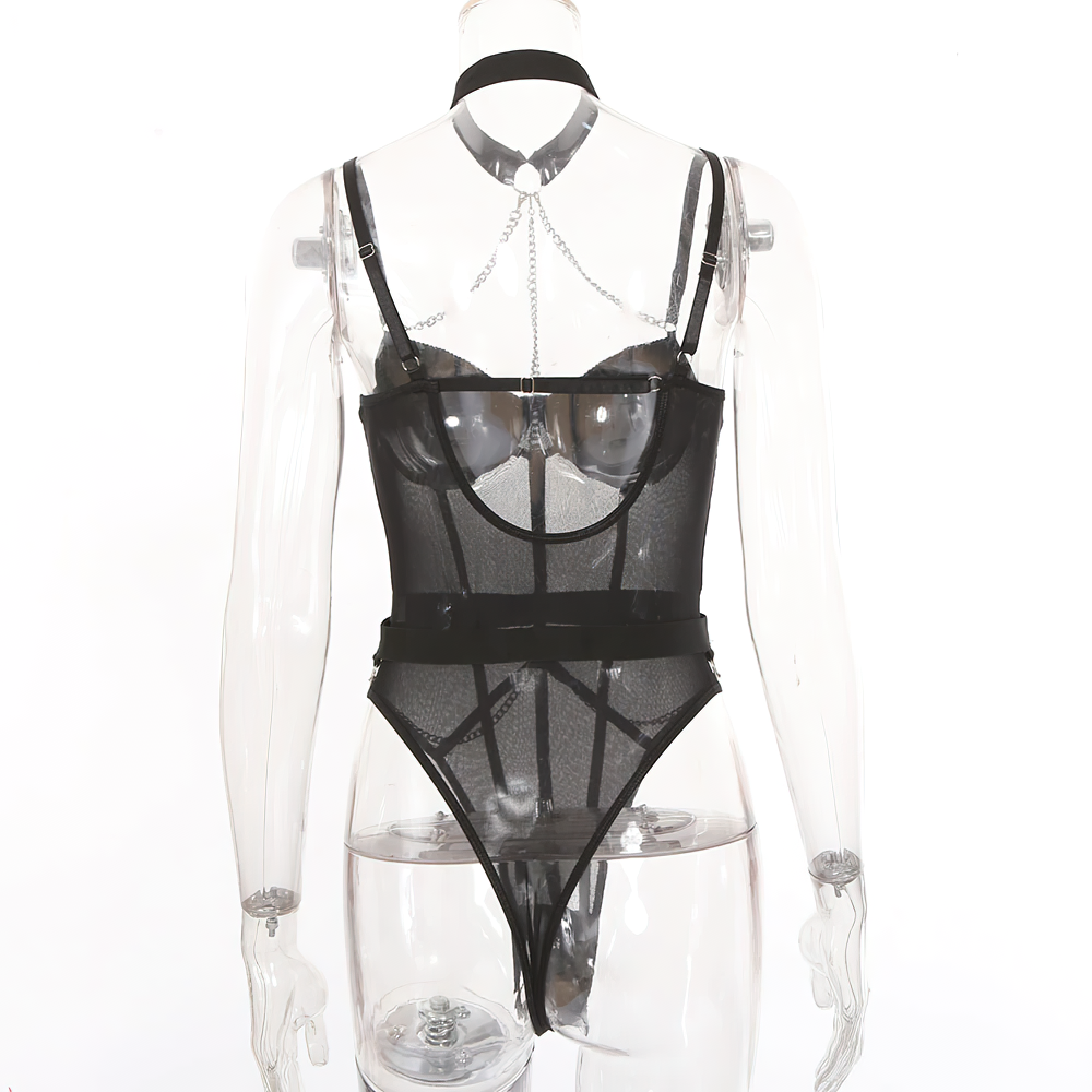 Stylish black bodysuit with chain details, featuring a deep neck and form-fitting design, perfect for rock-inspired outfits.