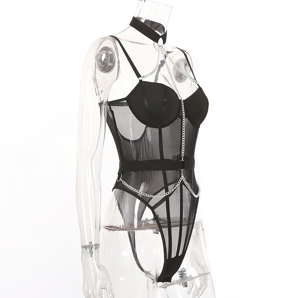 Stylish women's black bodysuit with chain details and deep neck, perfect for a rock-inspired wardrobe.