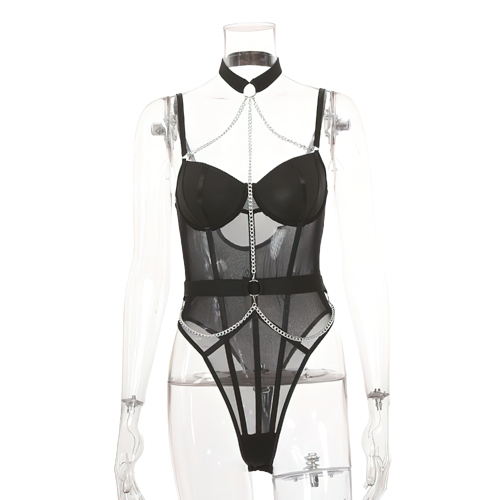 Rock style women's black bodysuit with chains and deep neck showcasing a daring and fashionable silhouette.