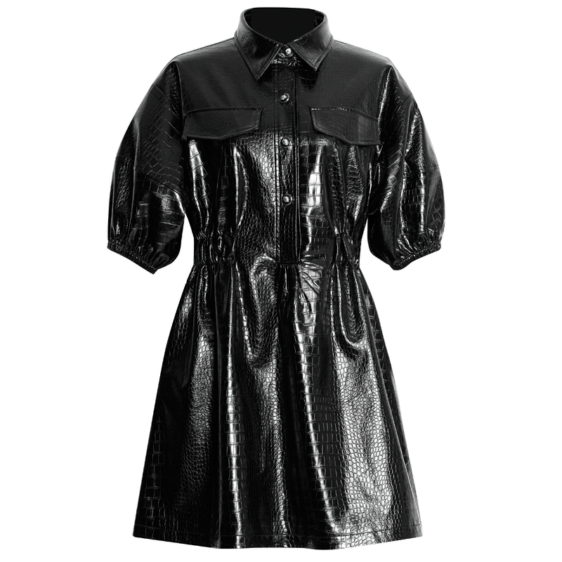 Rock Style Women's PU Leather Black Dress / Shiny Fabric High Waist Dress - HARD'N'HEAVY