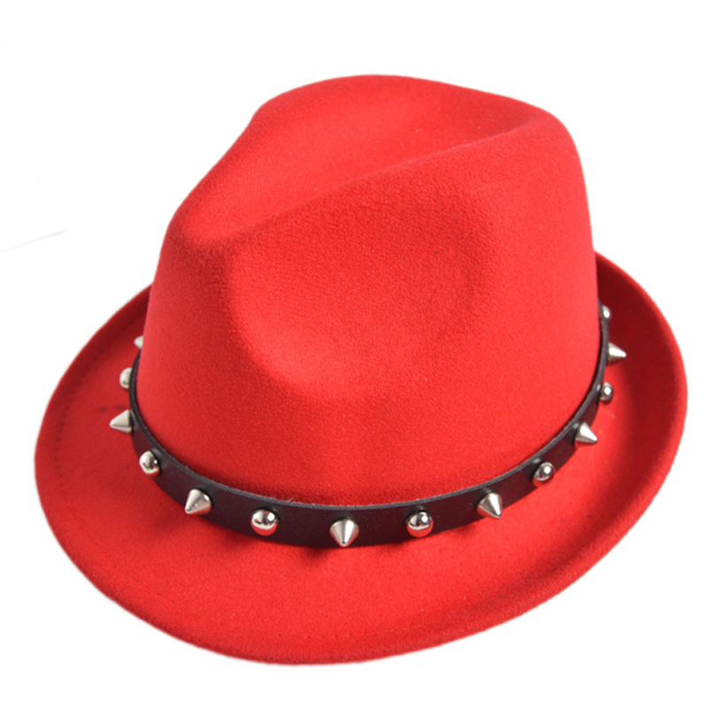 Bright red wool fedora hat with spikes, perfect unisex rock style accessory for any season.