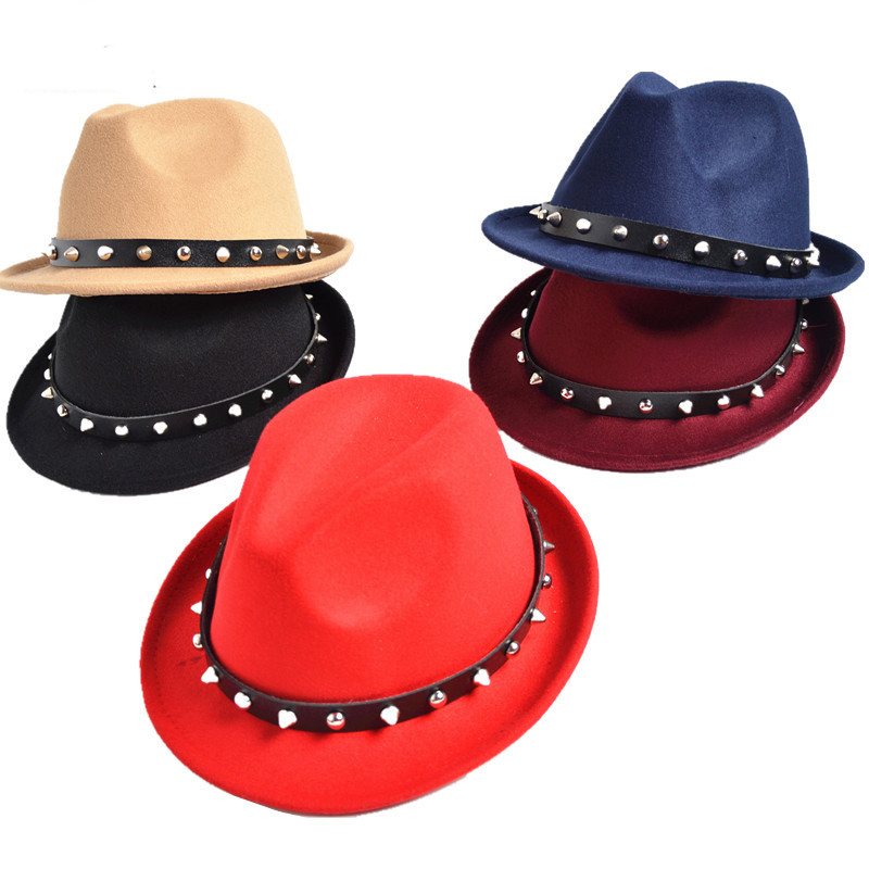Rock style woollen fedora hats in red, black, beige, and navy with studded band for unisex fashion.