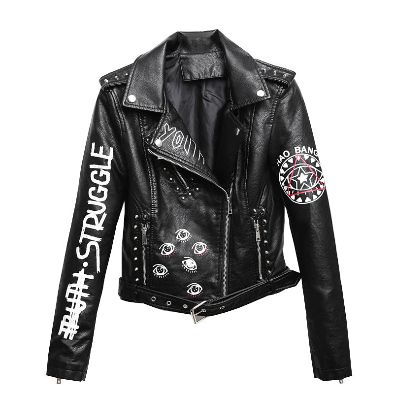 Women's faux leather motorcycle jacket with studs and edgy 3D print design, perfect for rock or goth styles.