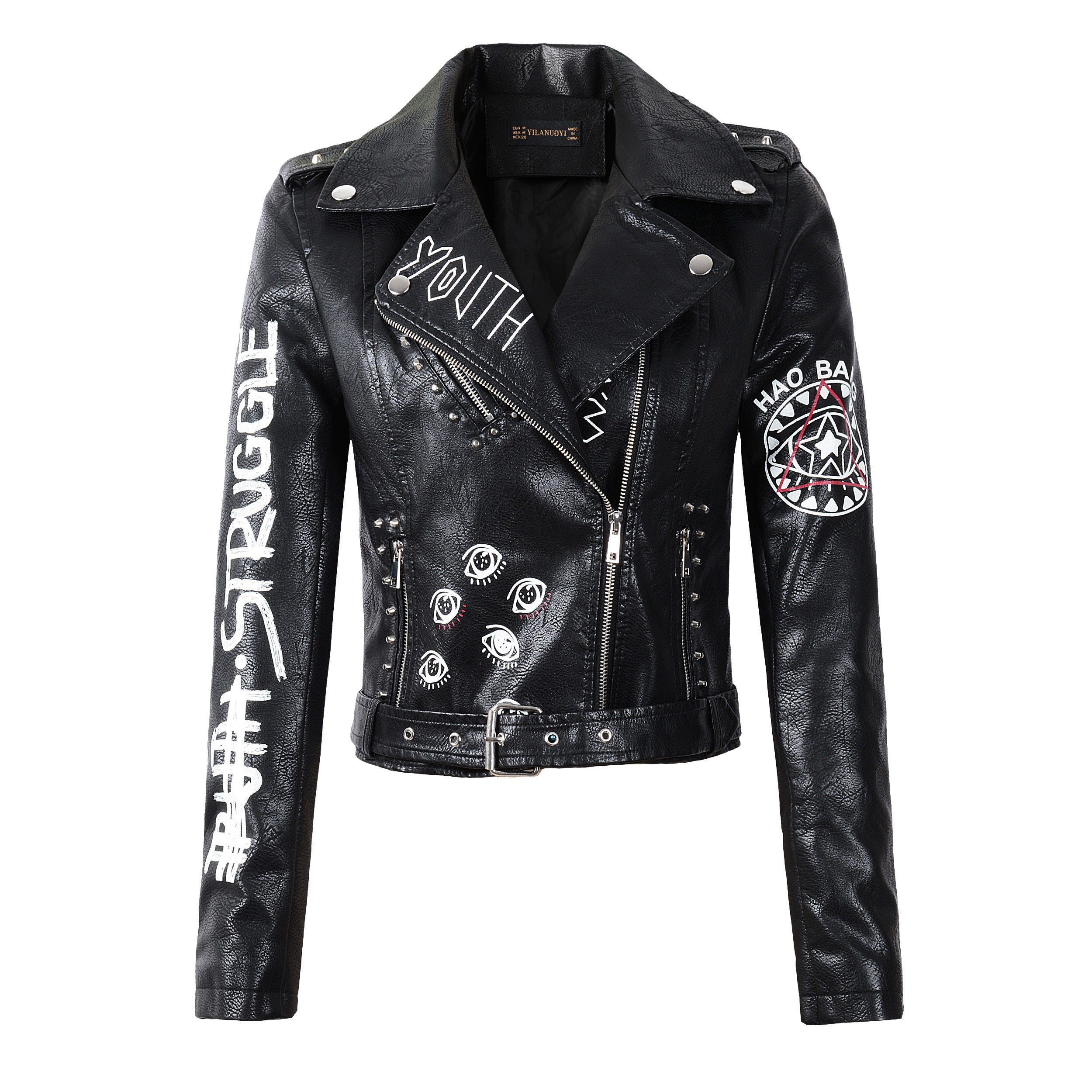 Women's faux leather motorcycle jacket featuring edgy 3D print, studs, and zippers for a bold rocker style.