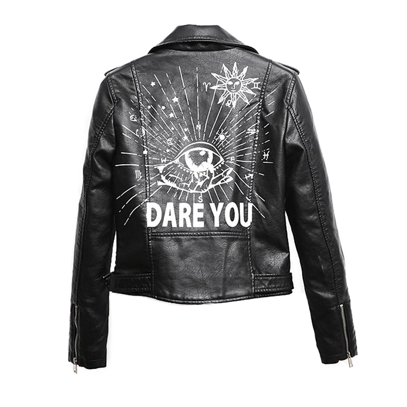 Stylish women's faux leather motorcycle jacket with unique 3D print and studs, showcasing a daring eye graphic.
