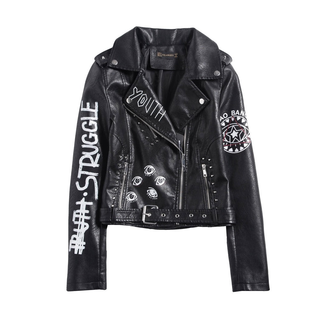 Black faux leather motorcycle jacket with unique 3D print and studs, perfect for a rocker girl style.