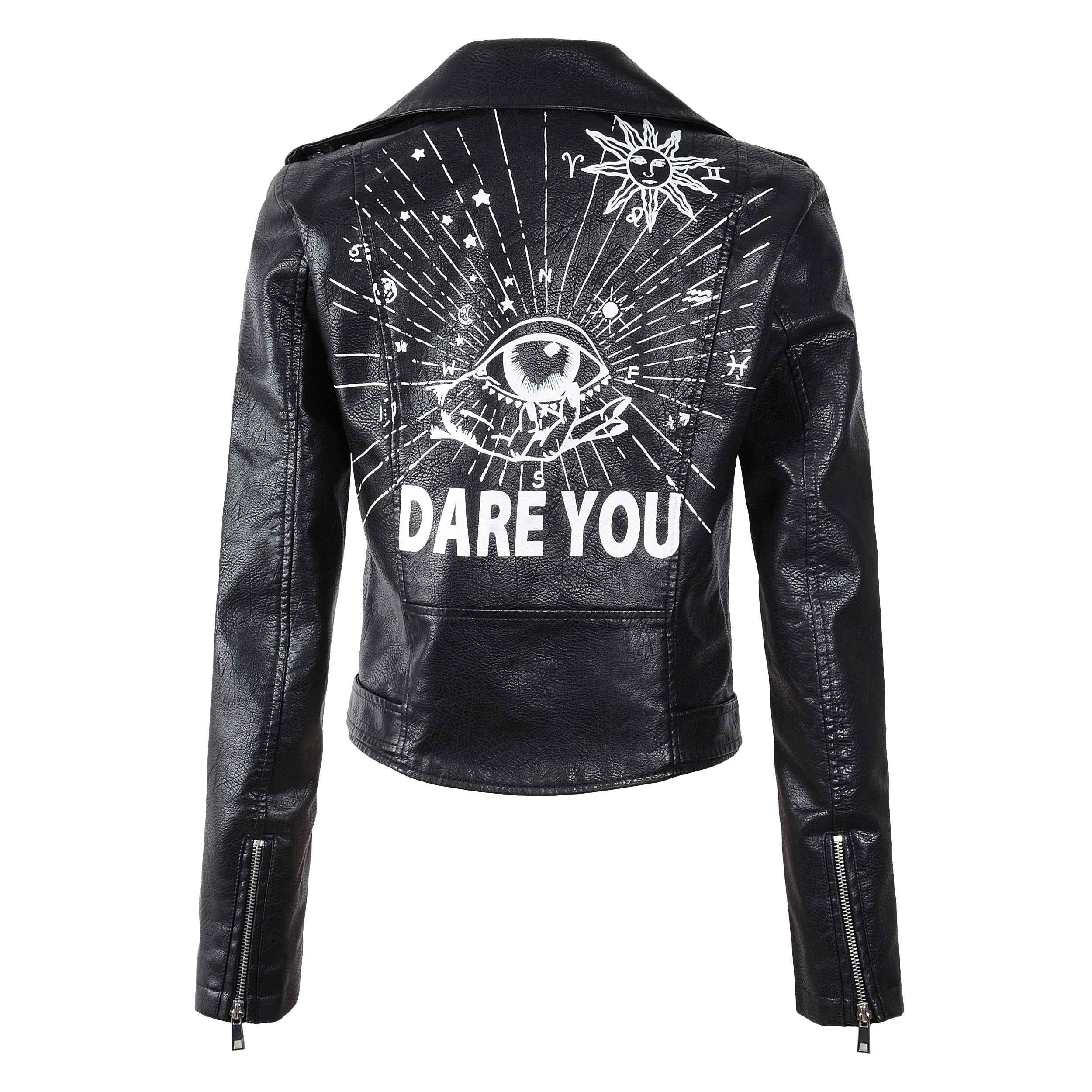 Women's black faux leather motorcycle jacket with eye-catching 3D print and studs, perfect for a rocker girl look.